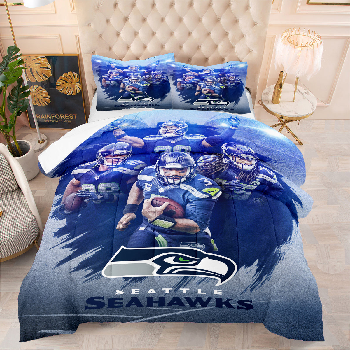 Seattle Rugby Seahawks Comforter Pillowcases 3PC Sets Blanket All Season Reversible Quilted Duvet