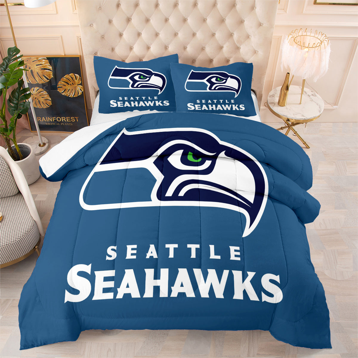 Seattle Rugby Seahawks Comforter Pillowcases 3PC Sets Blanket All Season Reversible Quilted Duvet
