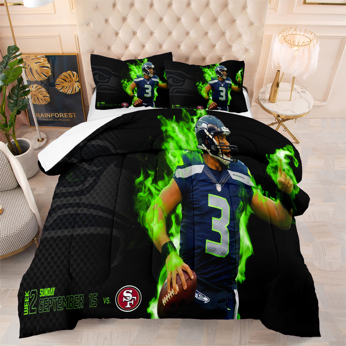 Seattle Rugby Seahawks Comforter Pillowcases 3PC Sets Blanket All Season Reversible Quilted Duvet