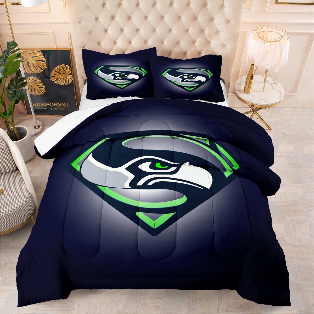 Seattle Rugby Seahawks Comforter Pillowcases 3PC Sets Blanket All Season Reversible Quilted Duvet