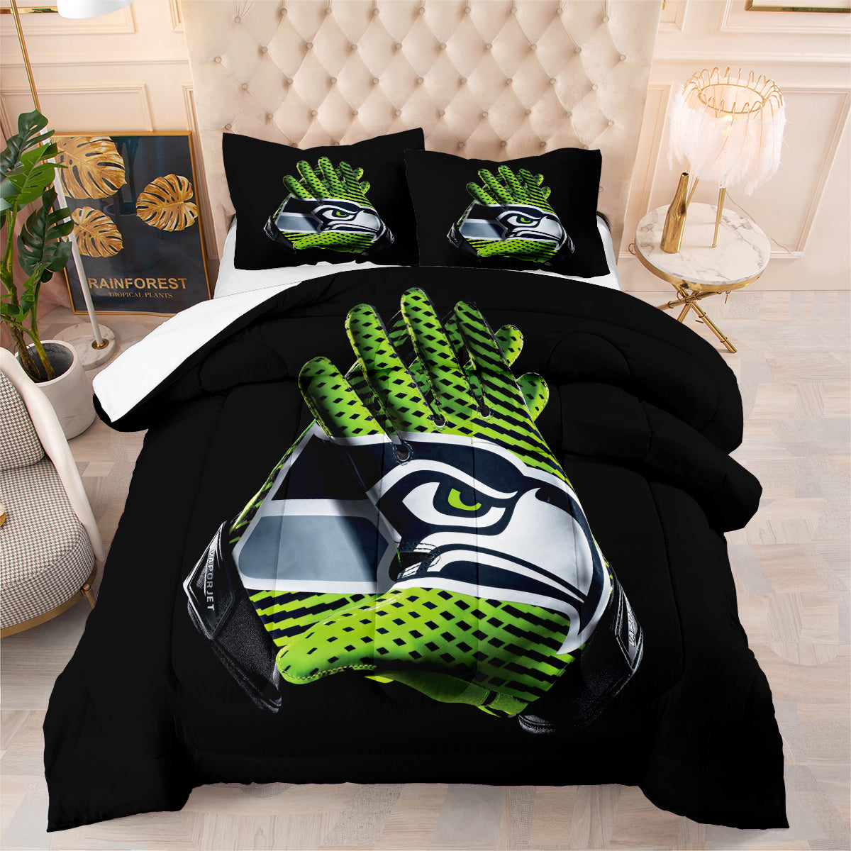 Seattle Rugby Seahawks Comforter Pillowcases 3PC Sets Blanket All Season Reversible Quilted Duvet