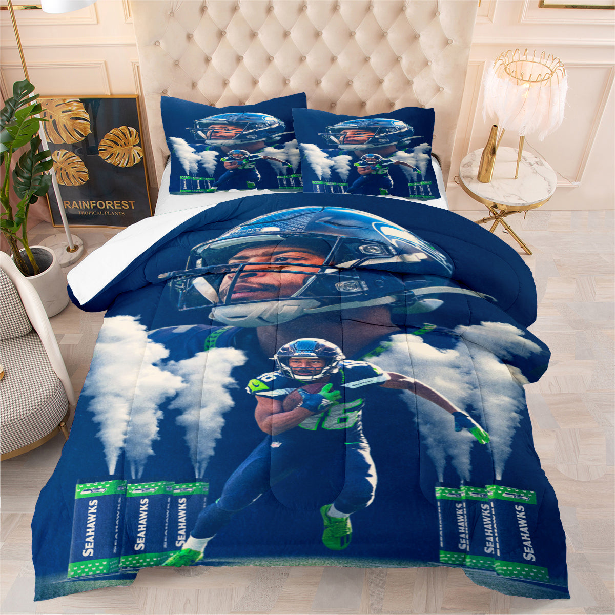 Seattle Rugby Seahawks Comforter Pillowcases 3PC Sets Blanket All Season Reversible Quilted Duvet