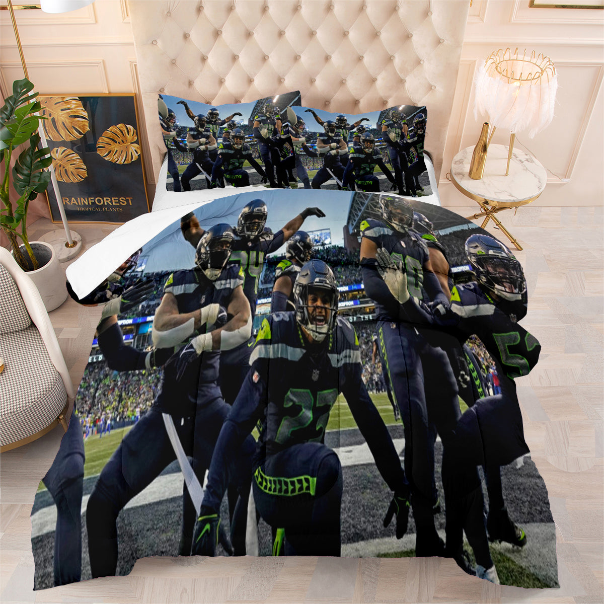 Seattle Rugby Seahawks Comforter Pillowcases 3PC Sets Blanket All Season Reversible Quilted Duvet
