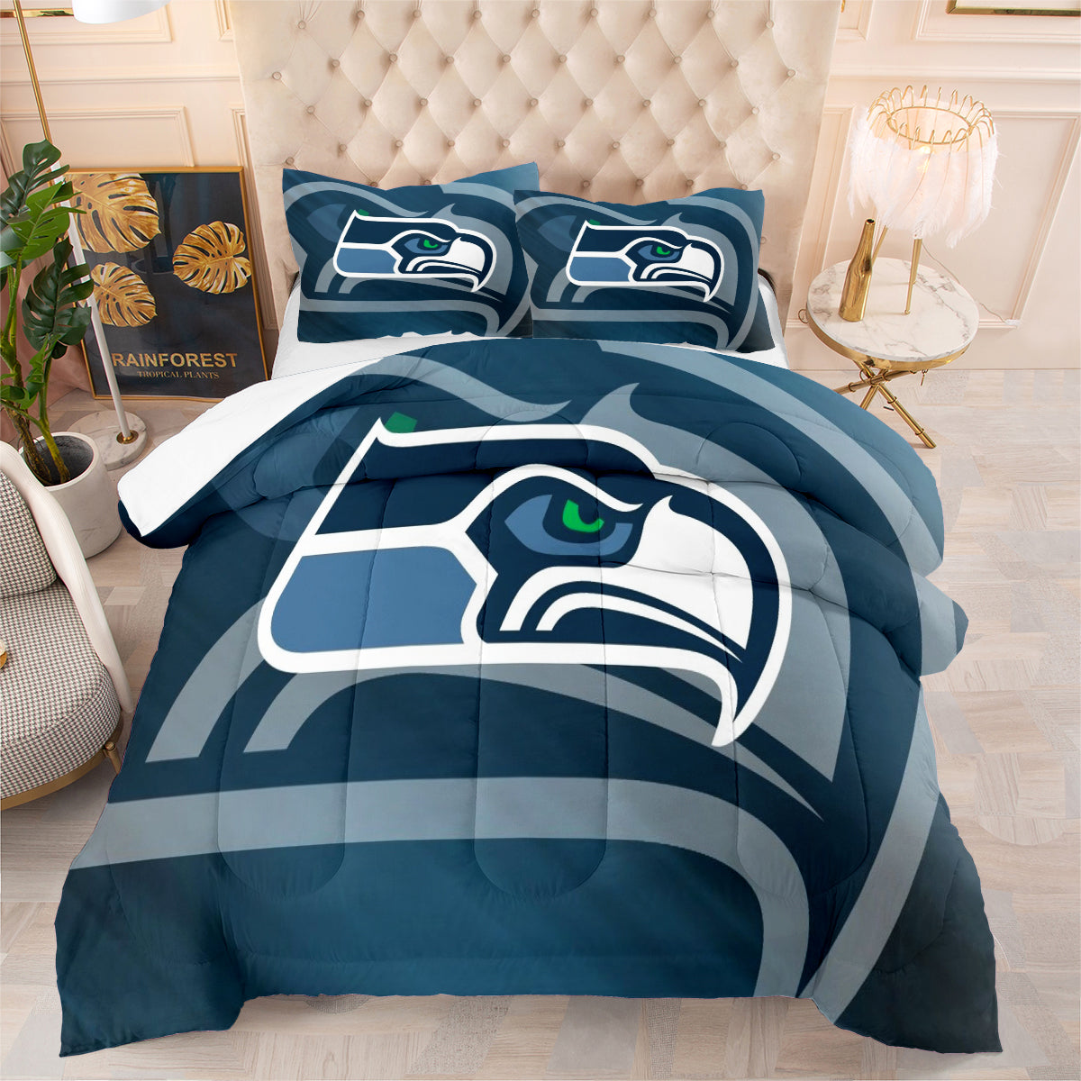 Seattle Rugby Seahawks Comforter Pillowcases 3PC Sets Blanket All Season Reversible Quilted Duvet