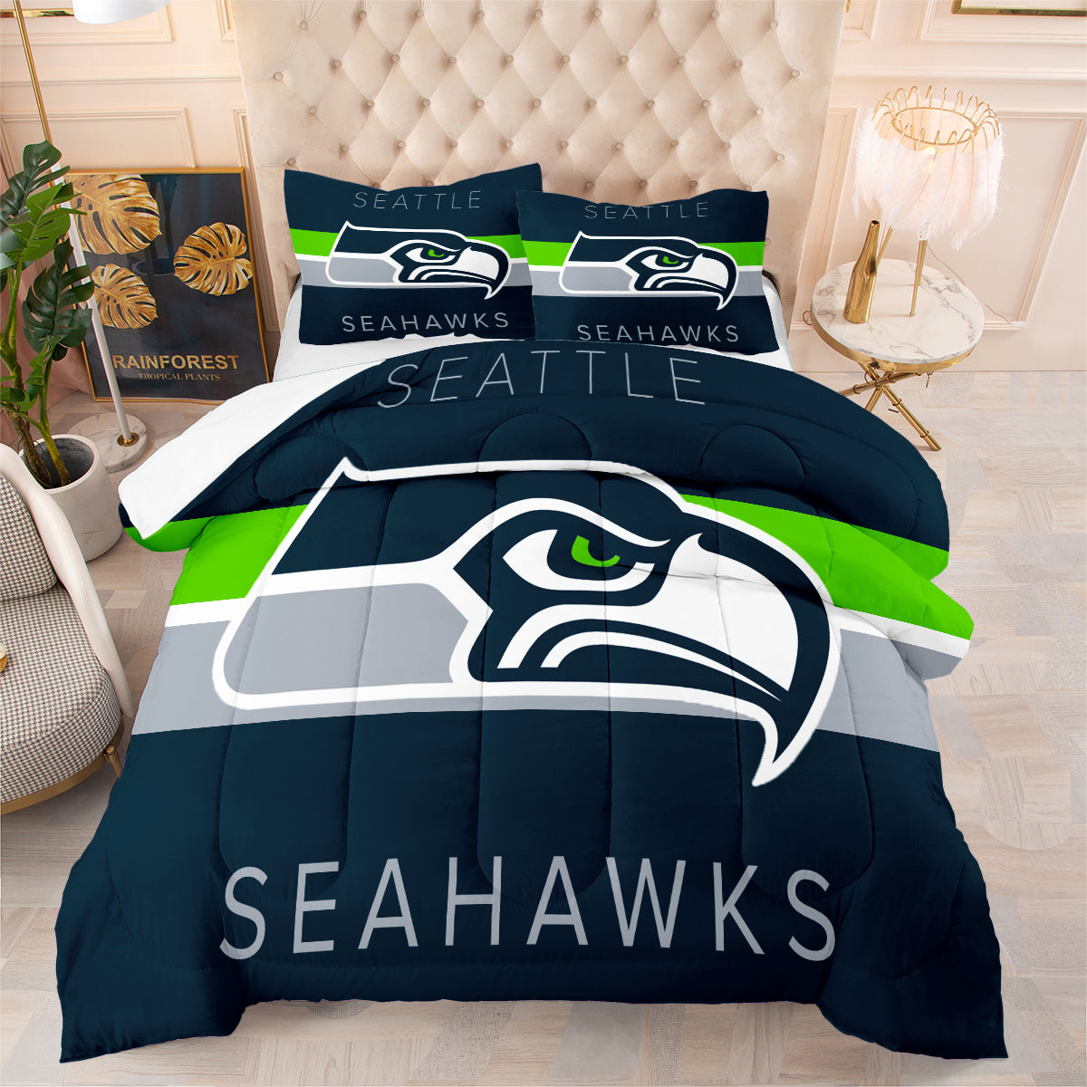 Seattle Rugby Seahawks Comforter Pillowcases 3PC Sets Blanket All Season Reversible Quilted Duvet