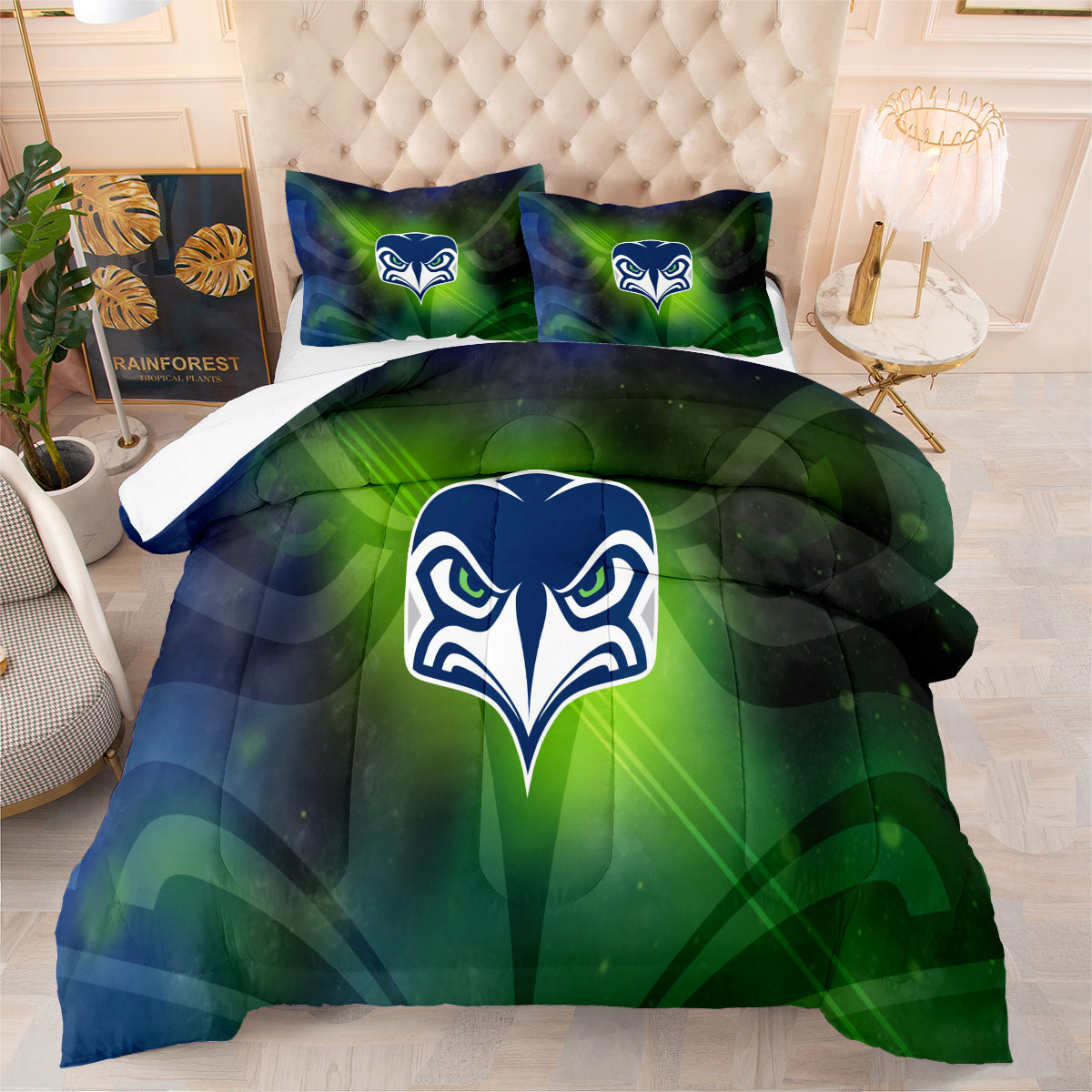 Seattle Rugby Seahawks Comforter Pillowcases 3PC Sets Blanket All Season Reversible Quilted Duvet