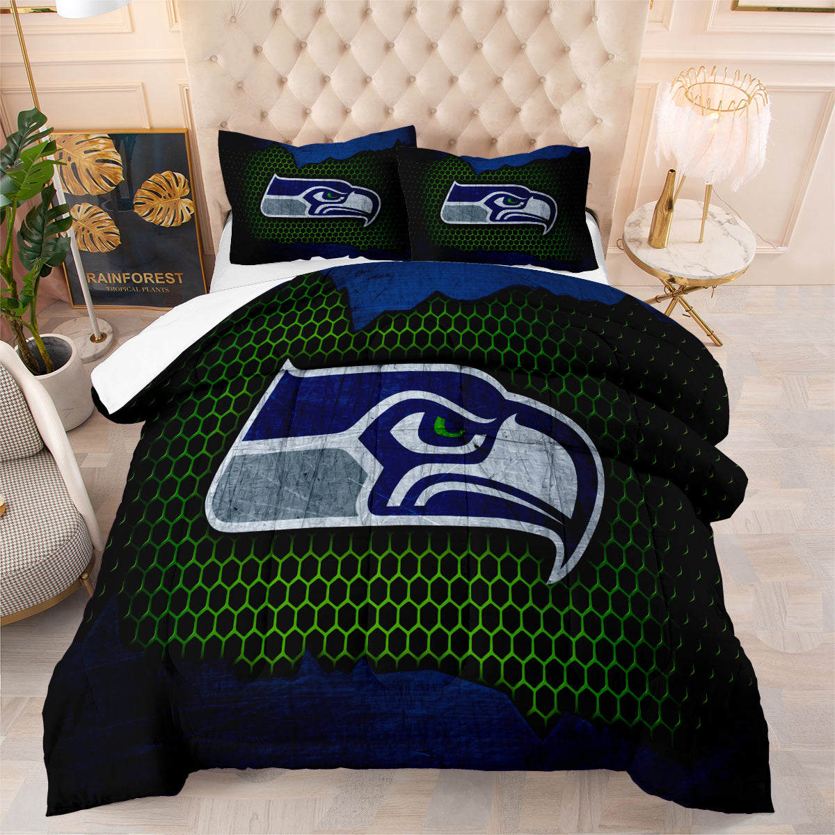 Seattle Rugby Seahawks Comforter Pillowcases 3PC Sets Blanket All Season Reversible Quilted Duvet