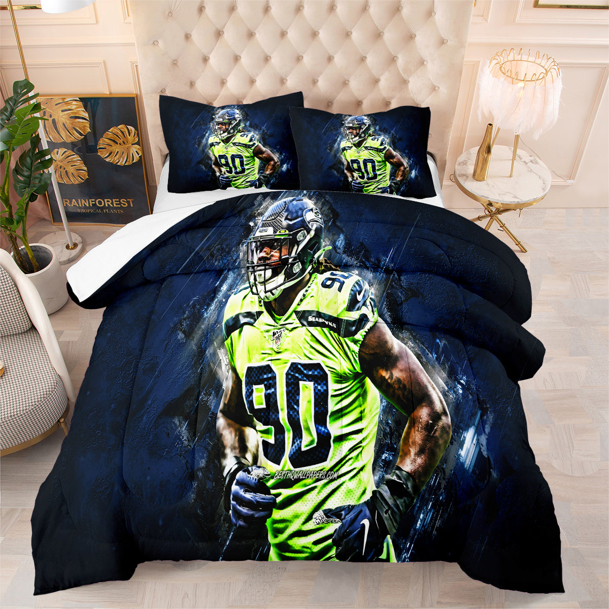 Seattle Rugby Seahawks Comforter Pillowcases 3PC Sets Blanket All Season Reversible Quilted Duvet