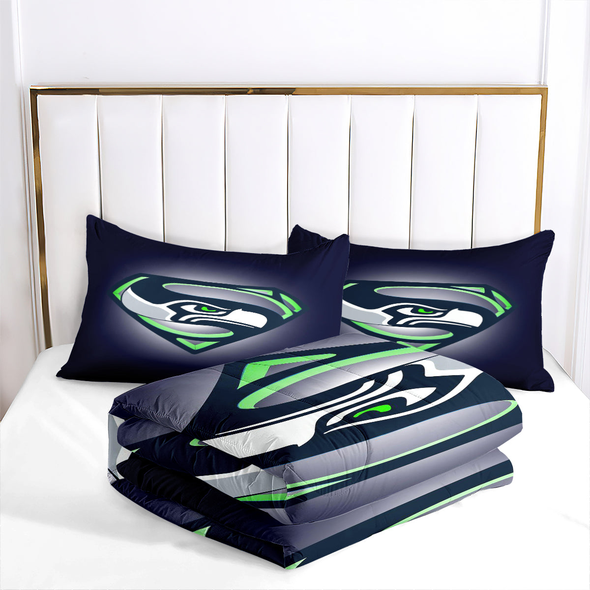 Seattle Rugby Seahawks Comforter Pillowcases 3PC Sets Blanket All Season Reversible Quilted Duvet