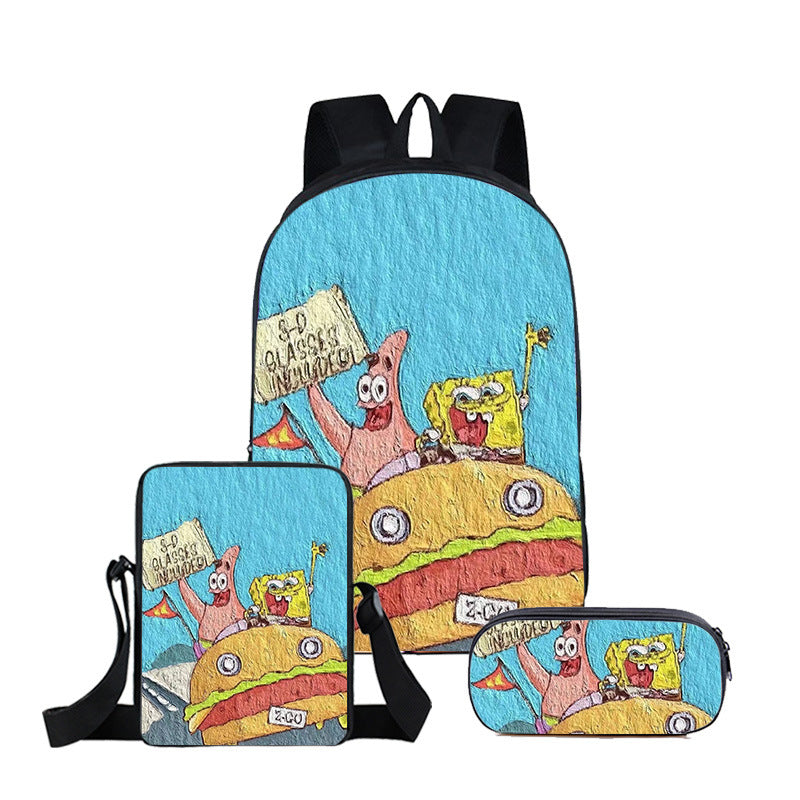 SpongeBob SquarePants Full Printed Backpack Schoolbag Travel Notebook Bag Lunch Bag Pencil Bag for Kids Students 3PCS