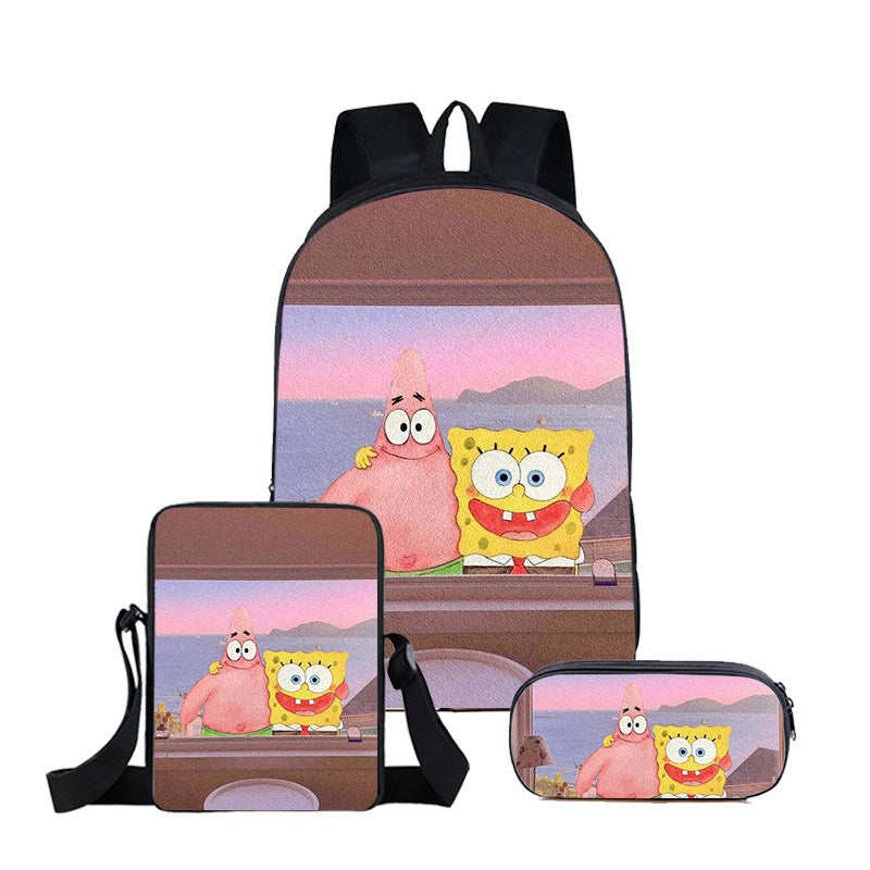 SpongeBob SquarePants Full Printed Backpack Schoolbag Travel Notebook Bag Lunch Bag Pencil Bag for Kids Students 3PCS