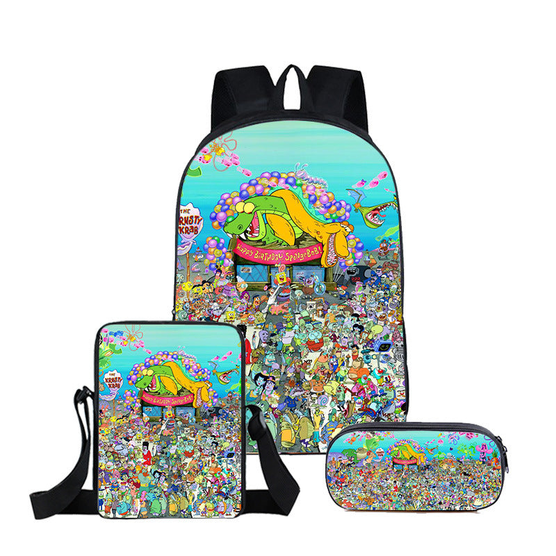 SpongeBob SquarePants Full Printed Backpack Schoolbag Travel Notebook Bag Lunch Bag Pencil Bag for Kids Students 3PCS