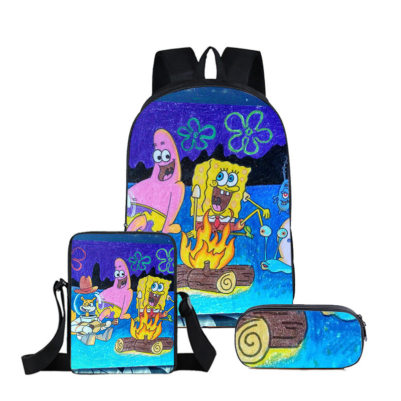 SpongeBob SquarePants Full Printed Backpack Schoolbag Travel Notebook Bag Lunch Bag Pencil Bag for Kids Students 3PCS