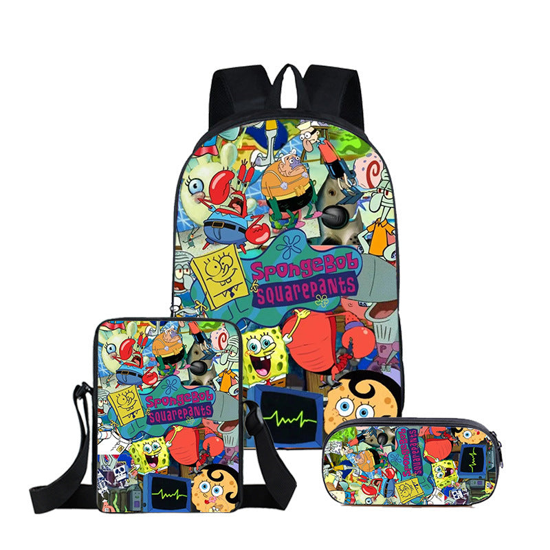 SpongeBob SquarePants Full Printed Backpack Schoolbag Travel Notebook Bag Lunch Bag Pencil Bag for Kids Students 3PCS