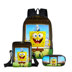 SpongeBob SquarePants Full Printed Backpack Schoolbag Travel Notebook Bag Lunch Bag Pencil Bag for Kids Students 3PCS