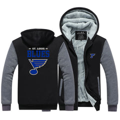 St Louis Blues Jackets Hockey Team Unisex Lined Hoodie Fleece Sweatshirt Full Zipper Hooded Thicken Jacket