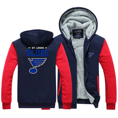 St Louis Blues Jackets Hockey Team Unisex Lined Hoodie Fleece Sweatshirt Full Zipper Hooded Thicken Jacket