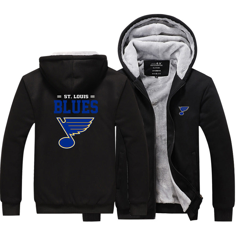 St Louis Blues Jackets Hockey Team Unisex Lined Hoodie Fleece Sweatshirt Full Zipper Hooded Thicken Jacket