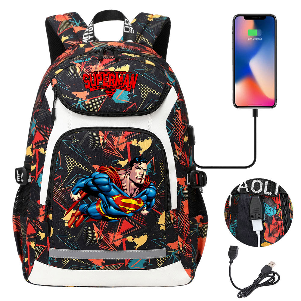 Superman Superhero USB Charging Backpack School Notebook Travel Bags