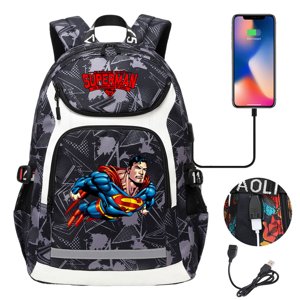 Superman Superhero USB Charging Backpack School Notebook Travel Bags
