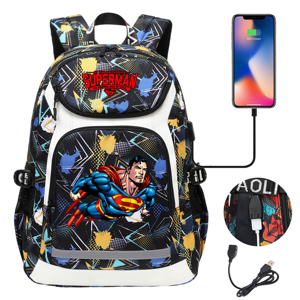 Superman Superhero USB Charging Backpack School Notebook Travel Bags