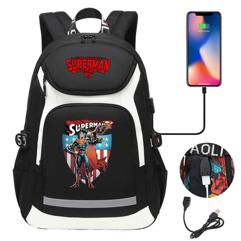 Superman Superhero USB Charging Backpack School Notebook Travel Bags