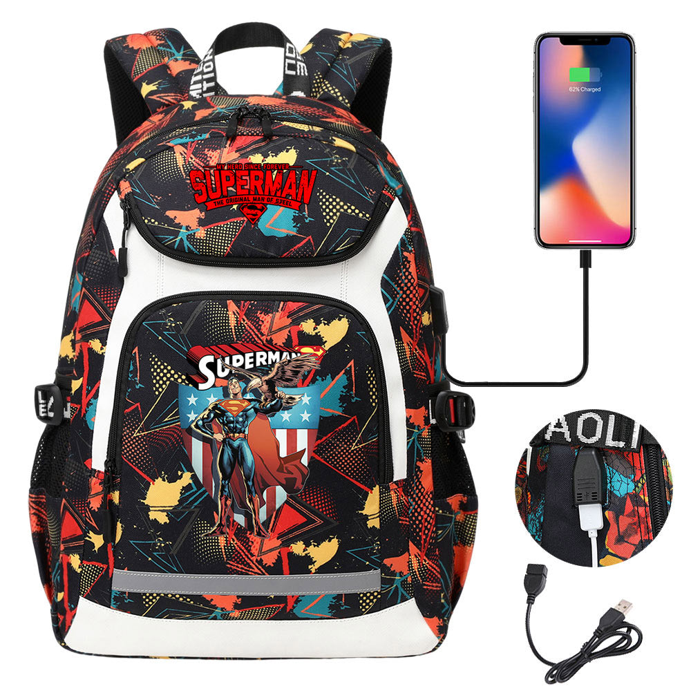 Superman Superhero USB Charging Backpack School Notebook Travel Bags