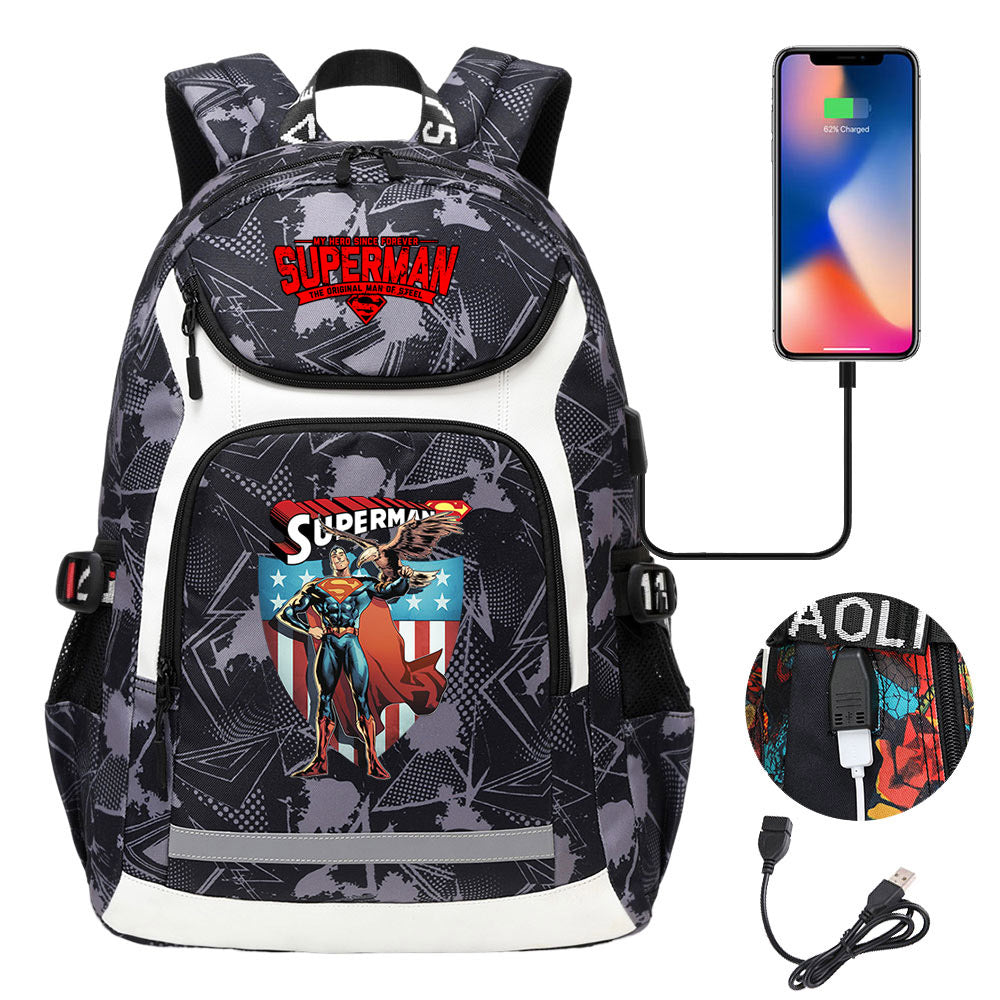 Superman Superhero USB Charging Backpack School Notebook Travel Bags
