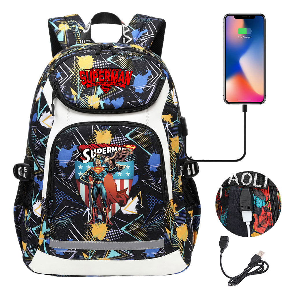 Superman Superhero USB Charging Backpack School Notebook Travel Bags
