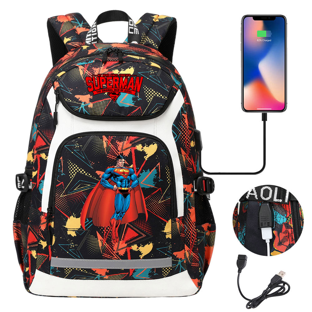 Superman Superhero USB Charging Backpack School Notebook Travel Bags