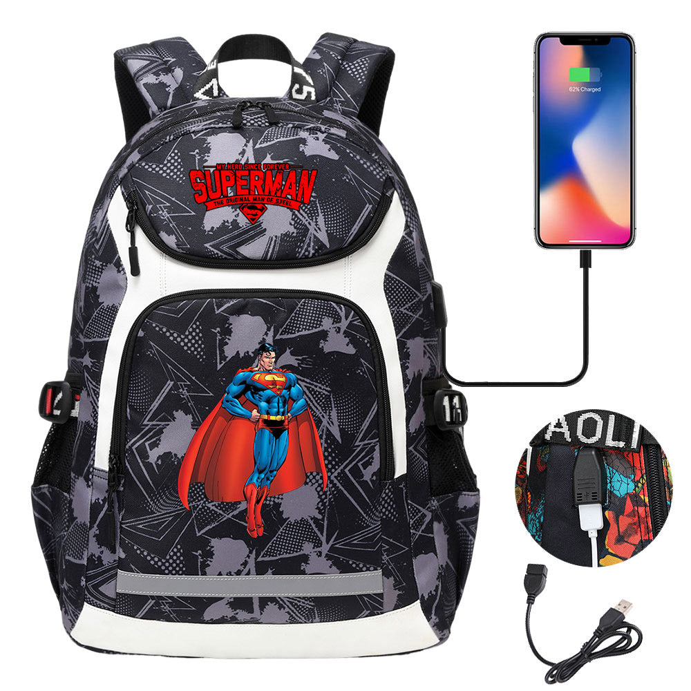 Superman Superhero USB Charging Backpack School Notebook Travel Bags