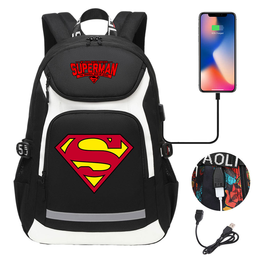Superman Superhero USB Charging Backpack School Notebook Travel Bags