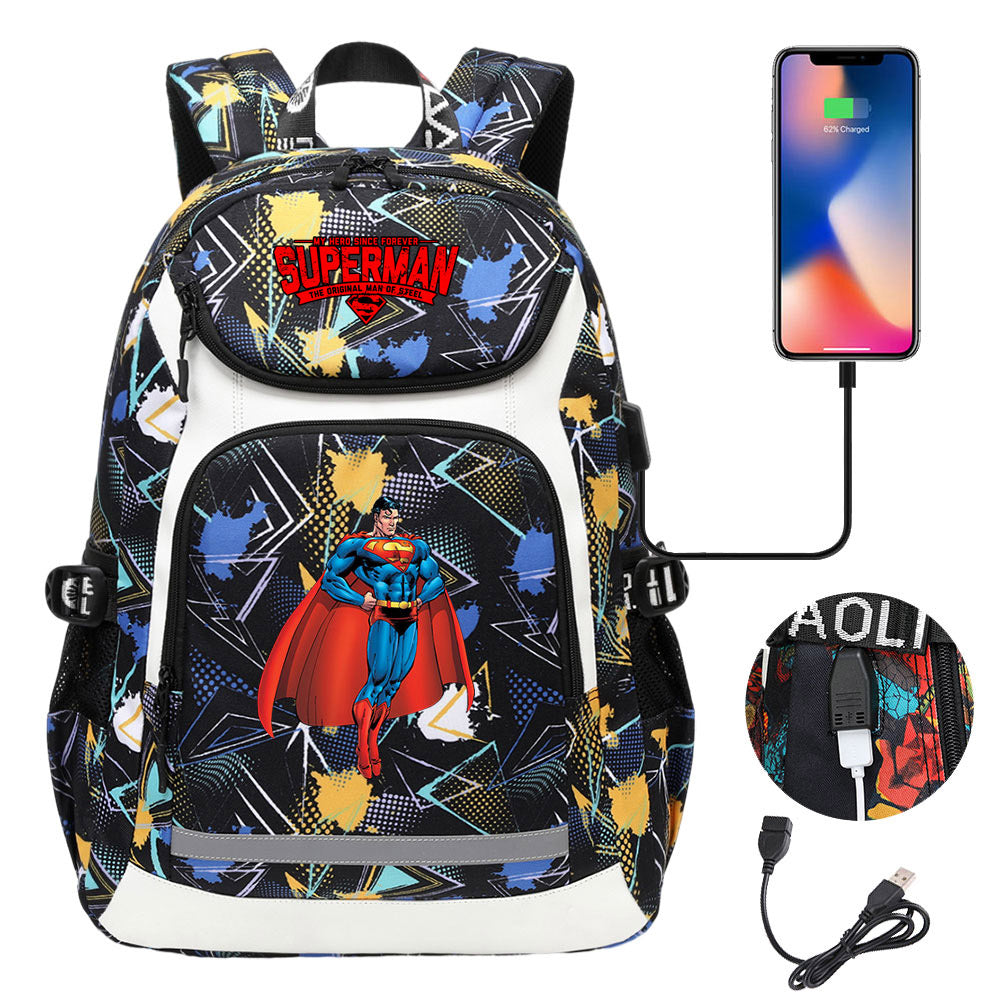 Superman Superhero USB Charging Backpack School Notebook Travel Bags