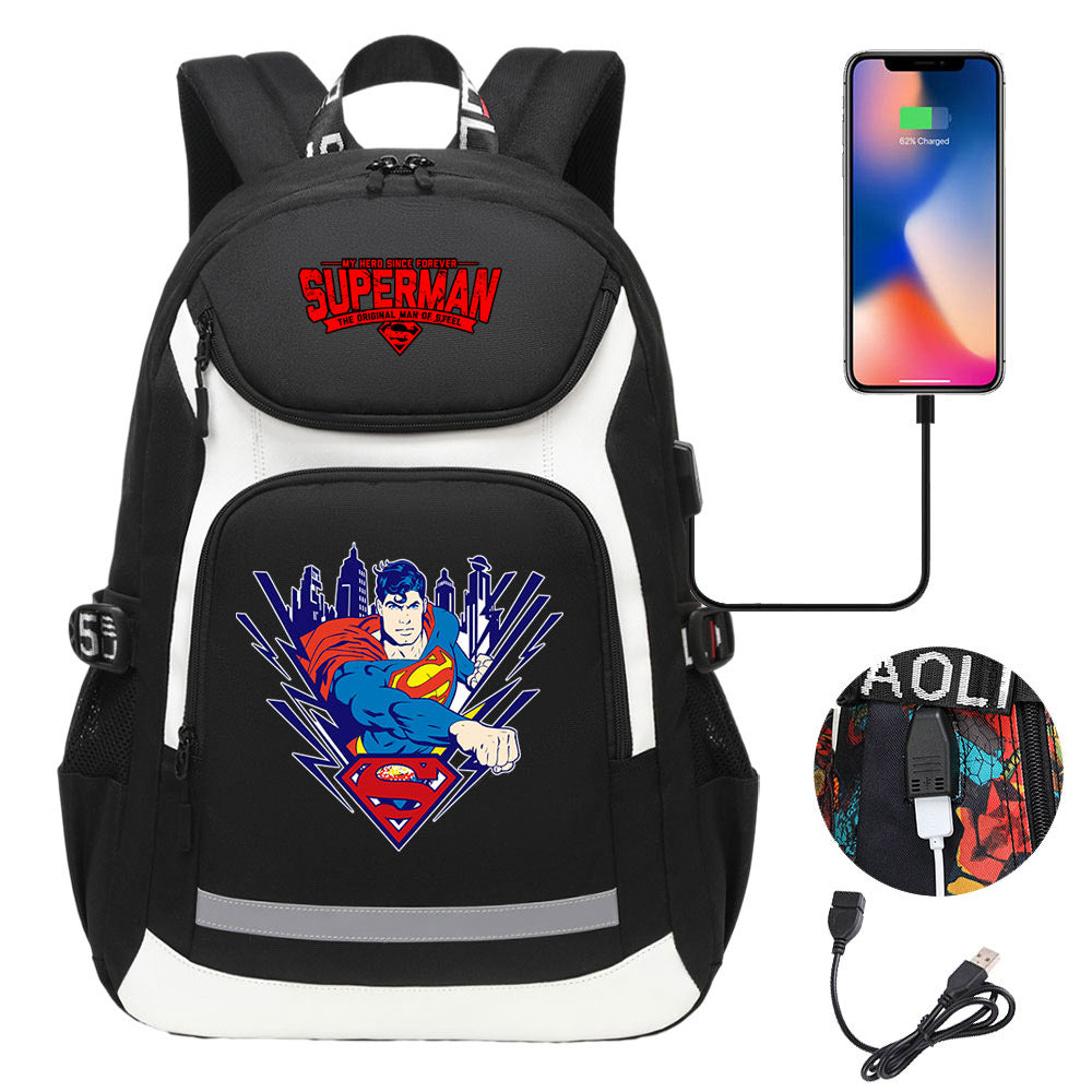 Superman Superhero USB Charging Backpack School Notebook Travel Bags