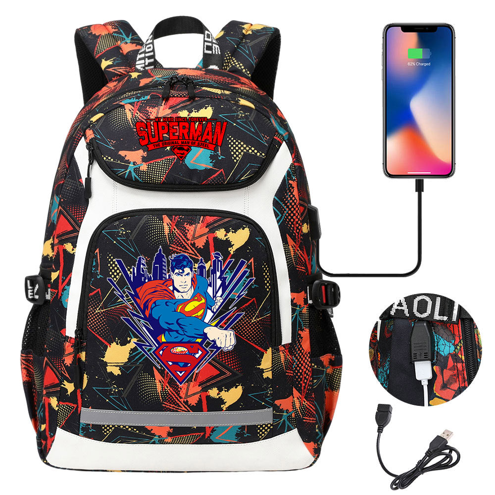 Superman Superhero USB Charging Backpack School Notebook Travel Bags