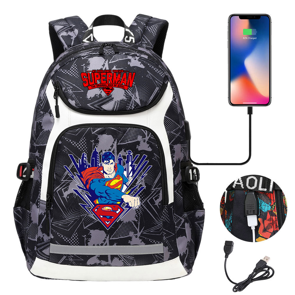 Superman Superhero USB Charging Backpack School Notebook Travel Bags