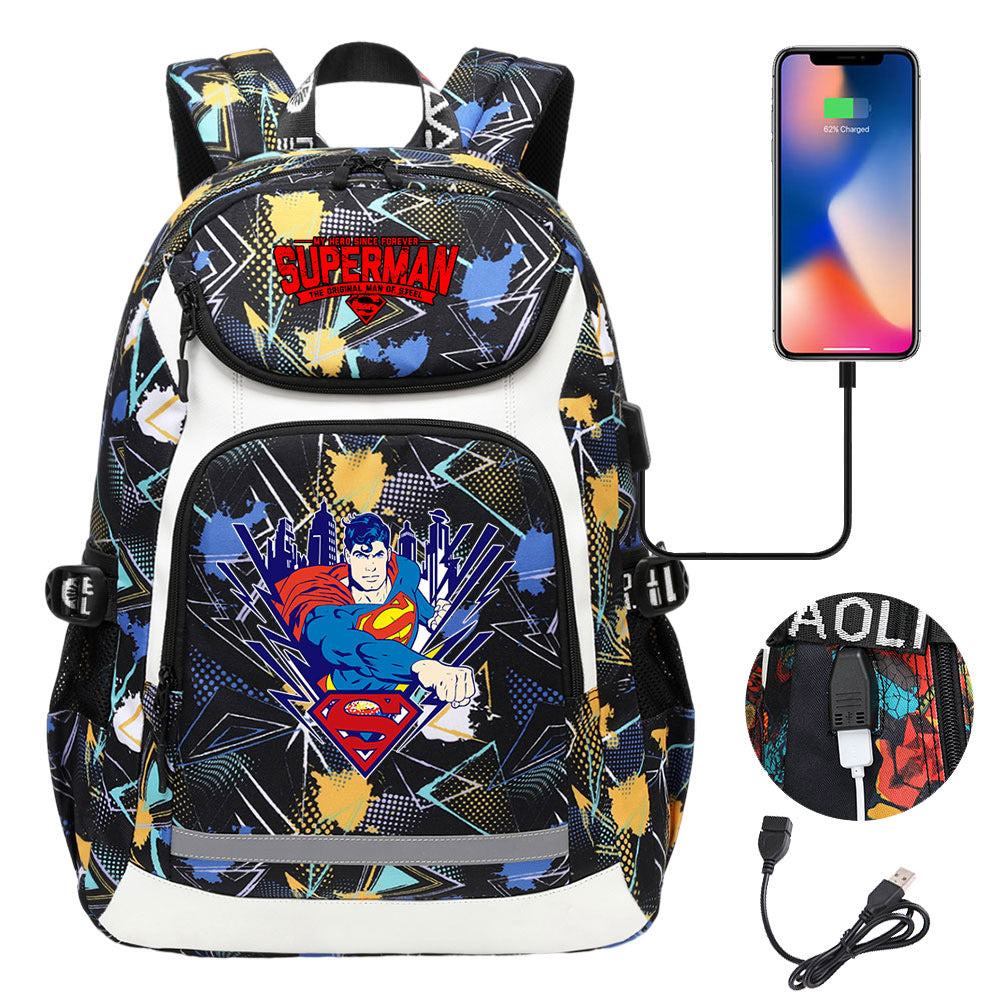Superman Superhero USB Charging Backpack School Notebook Travel Bags