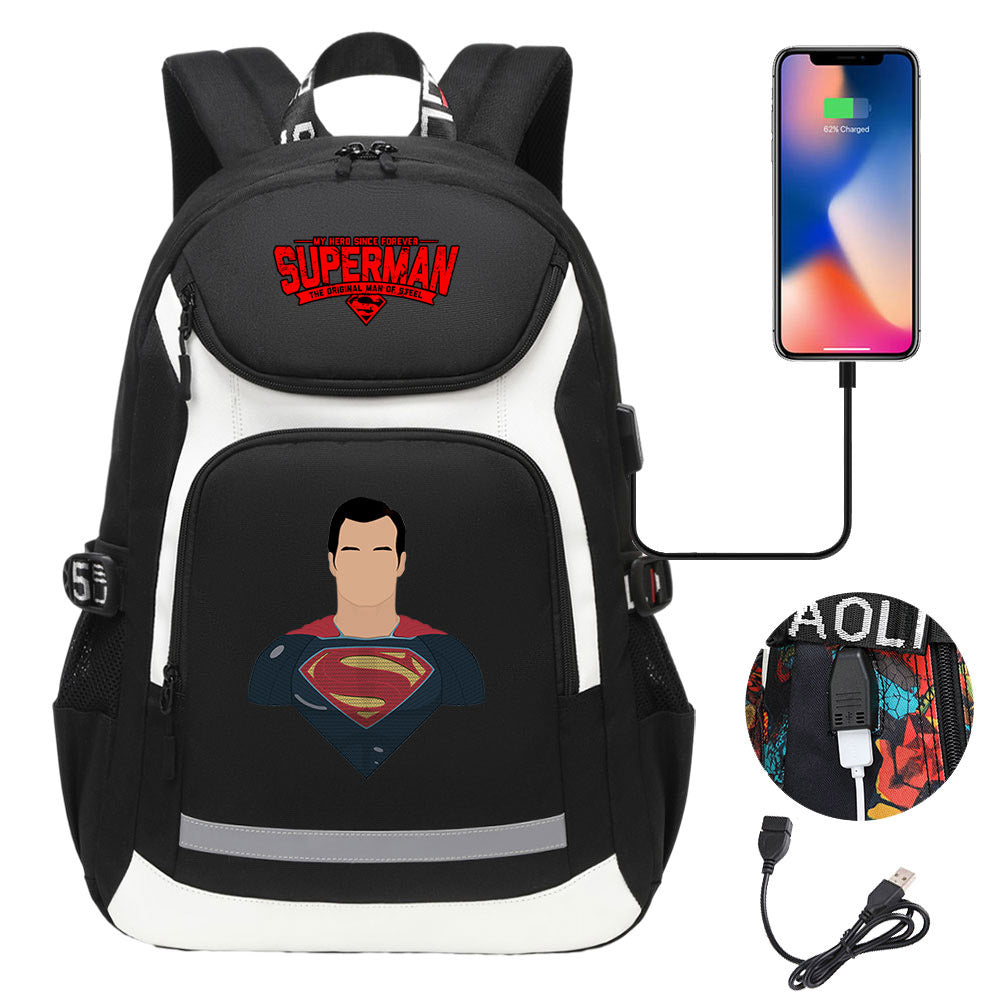 Superman Superhero USB Charging Backpack School Notebook Travel Bags