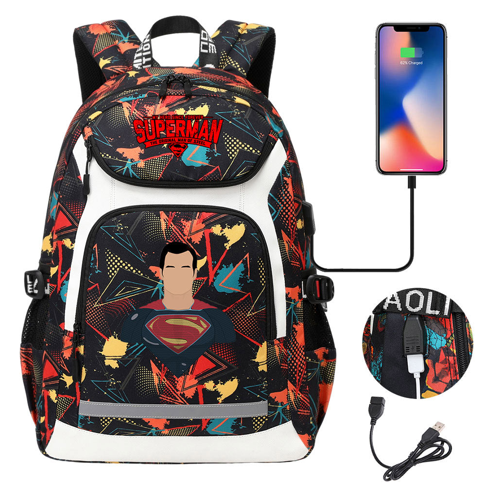 Superman Superhero USB Charging Backpack School Notebook Travel Bags