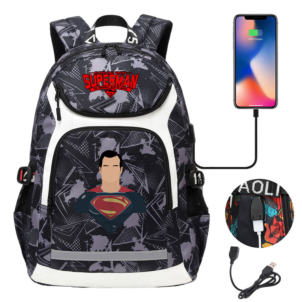 Superman Superhero USB Charging Backpack School Notebook Travel Bags