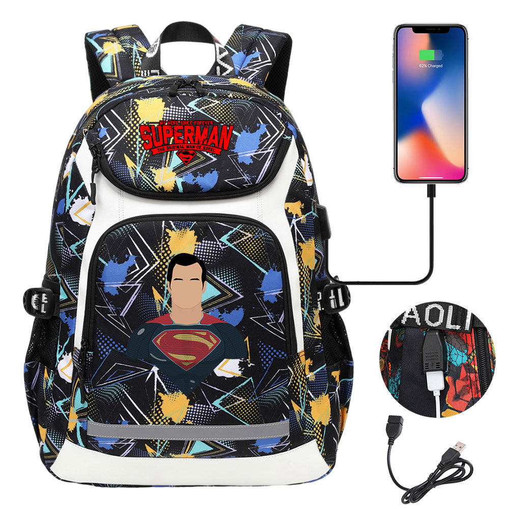 Superman Superhero USB Charging Backpack School Notebook Travel Bags