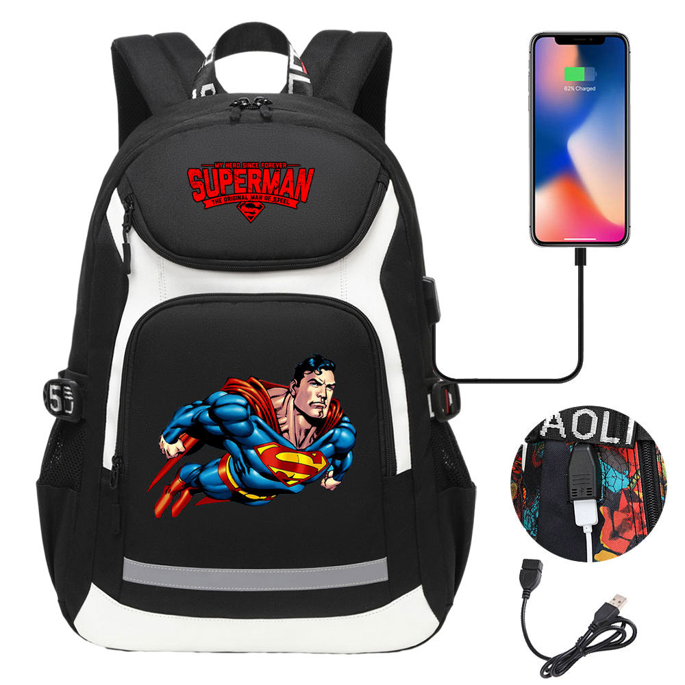 Superman Superhero USB Charging Backpack School Notebook Travel Bags