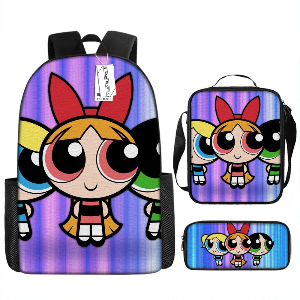 The Powerpuff Girls Full Printed Backpack Schoolbag Travel Notebook Bag Lunch Bag Pencil Bag for Kids Students 3PCS