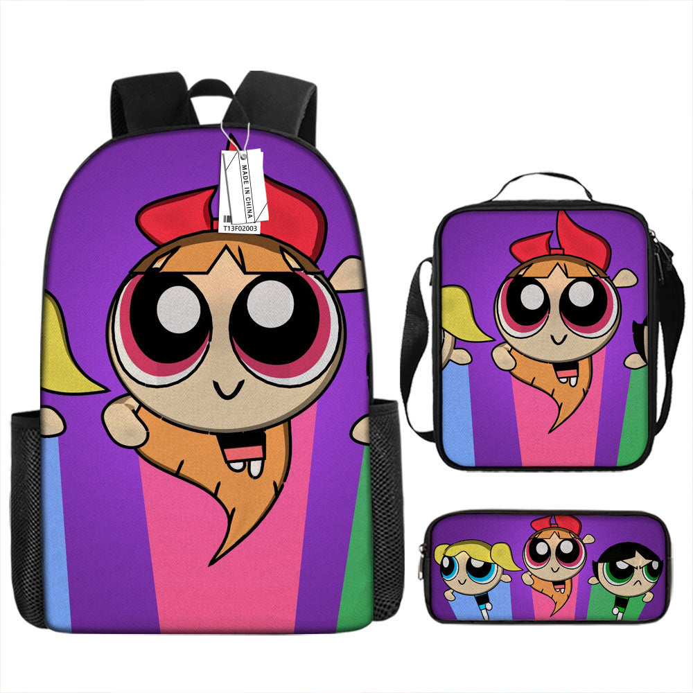 The Powerpuff Girls Full Printed Backpack Schoolbag Travel Notebook Bag Lunch Bag Pencil Bag for Kids Students 3PCS