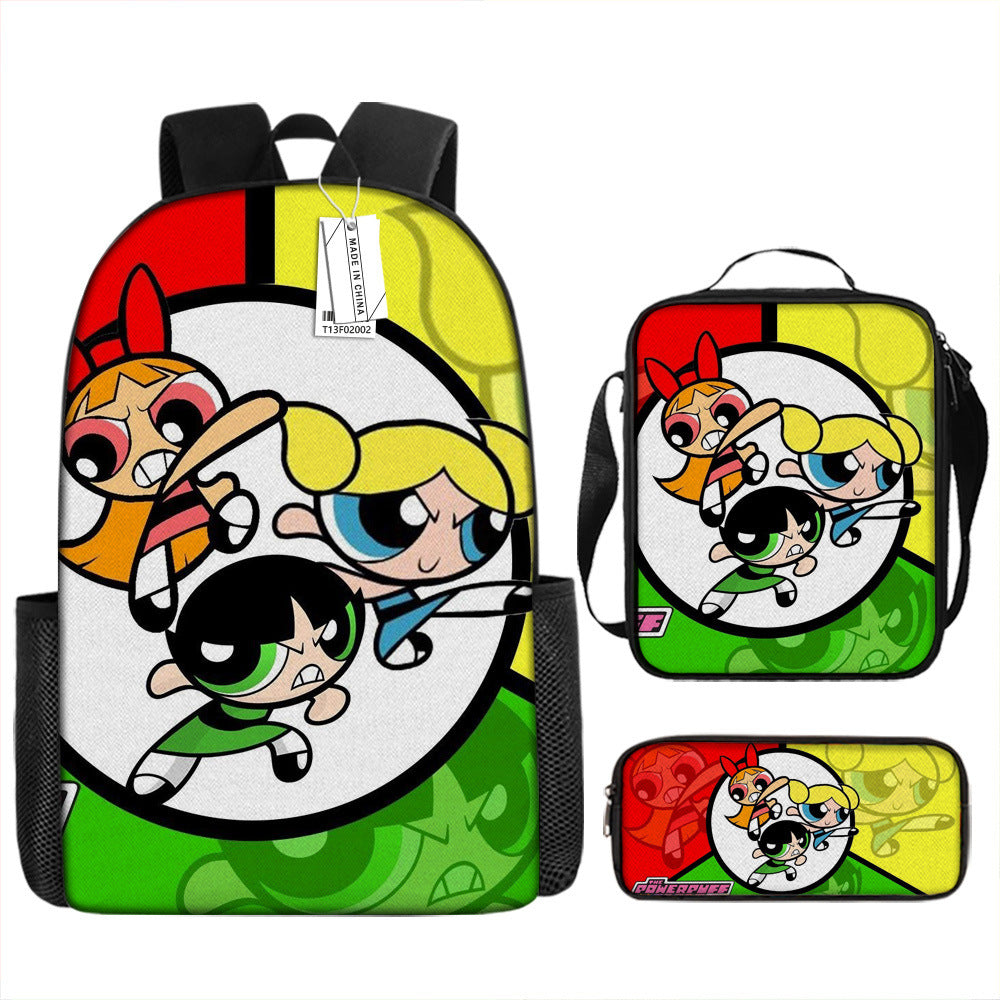 The Powerpuff Girls Full Printed Backpack Schoolbag Travel Notebook Bag Lunch Bag Pencil Bag for Kids Students 3PCS