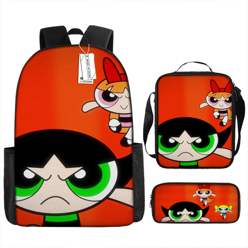 The Powerpuff Girls Full Printed Backpack Schoolbag Travel Notebook Bag Lunch Bag Pencil Bag for Kids Students 3PCS