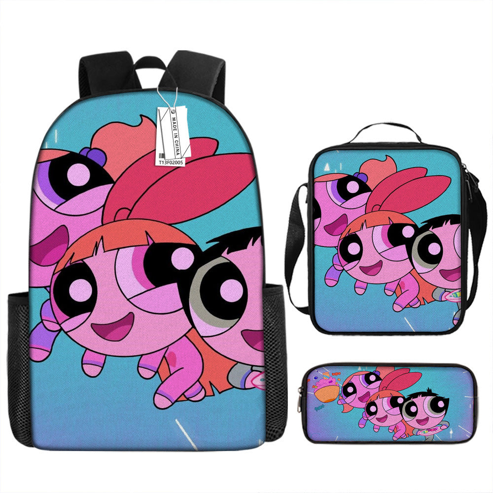 The Powerpuff Girls Full Printed Backpack Schoolbag Travel Notebook Bag Lunch Bag Pencil Bag for Kids Students 3PCS