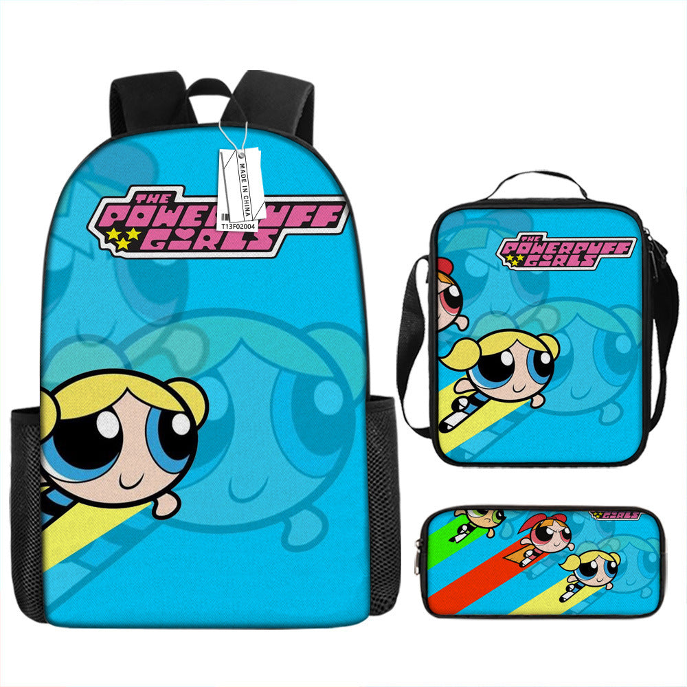 The Powerpuff Girls Full Printed Backpack Schoolbag Travel Notebook Bag Lunch Bag Pencil Bag for Kids Students 3PCS