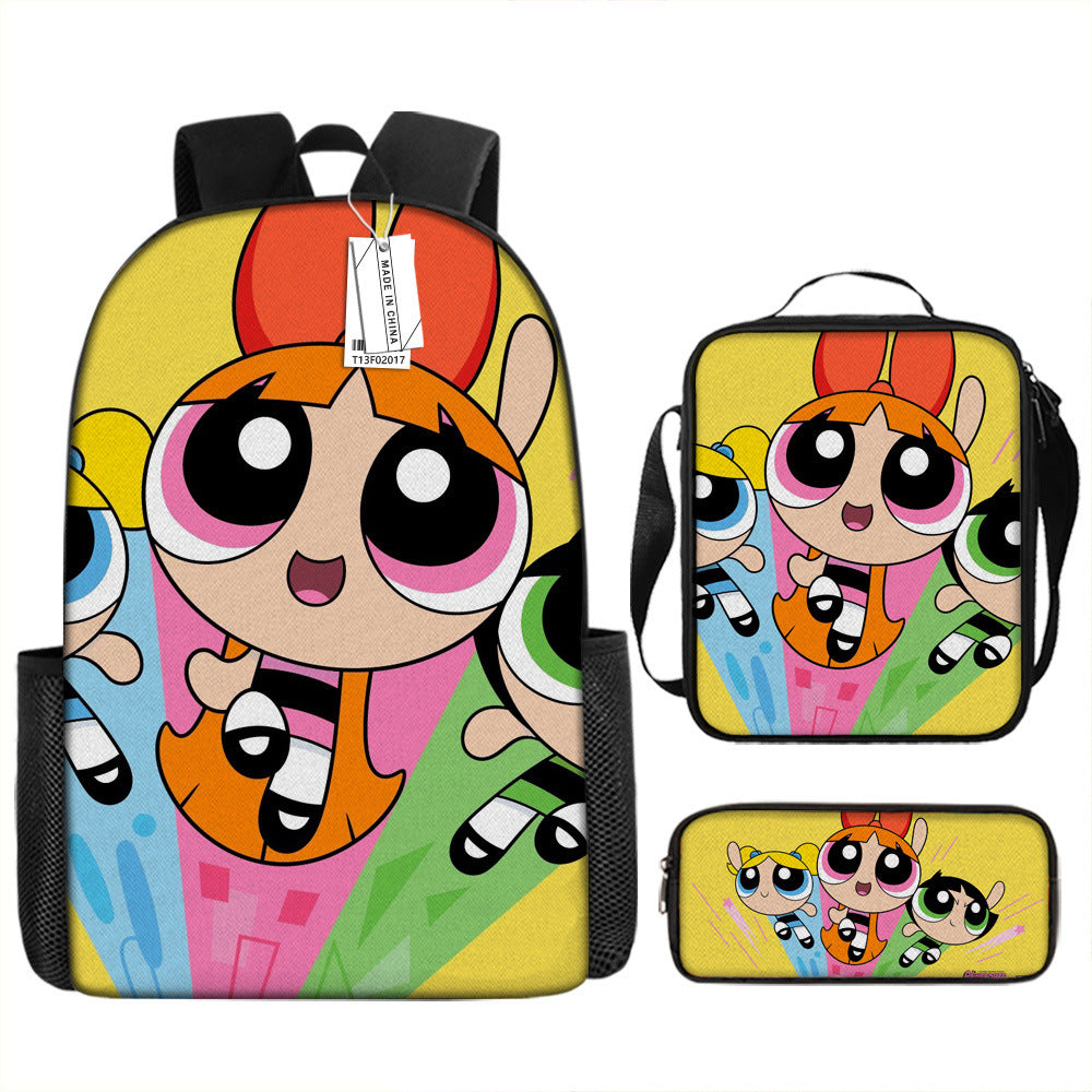 The Powerpuff Girls Full Printed Backpack Schoolbag Travel Notebook Bag Lunch Bag Pencil Bag for Kids Students 3PCS