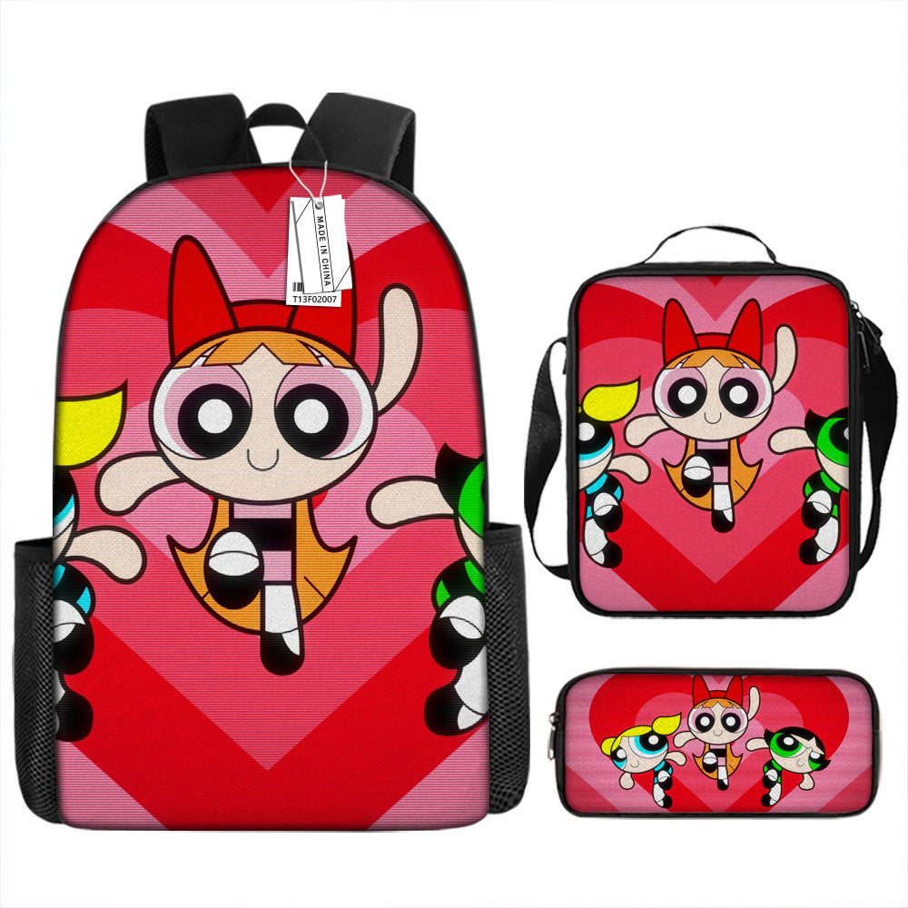 The Powerpuff Girls Full Printed Backpack Schoolbag Travel Notebook Bag Lunch Bag Pencil Bag for Kids Students 3PCS